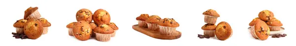 Set Aus Vielen Leckeren Muffins Mit Schokolade Isoliert Auf Weiß — Stockfoto