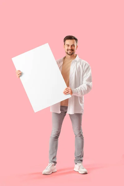 Handsome Man Big Blank Poster Pink Background — Stock Photo, Image