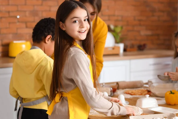 Little Girl Preparing Pizza Cooking Class Kitchen — Stock Photo, Image