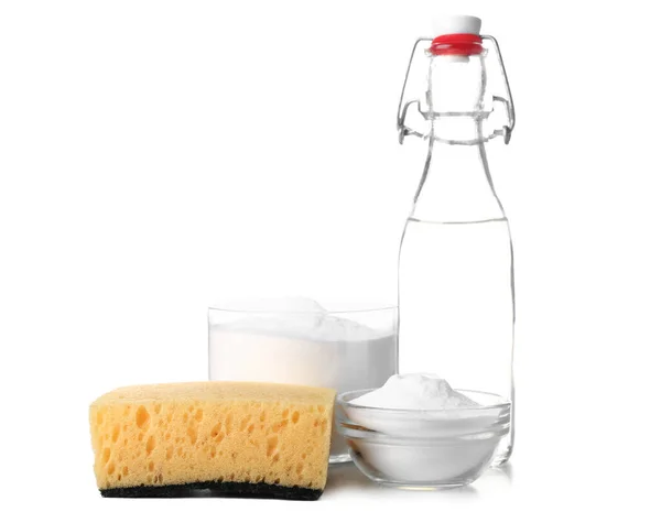 Bottle Vinegar Baking Soda Cleaning Sponge White Background — Stock Photo, Image