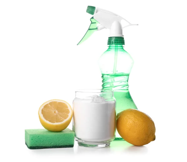Glass Baking Soda Sprayer Lemons Cleaning Sponge White Background — Stock Photo, Image