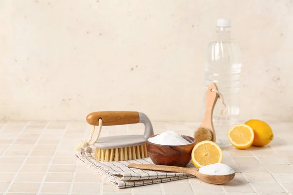 Bowl Baking Soda Vinegar Cleaning Brushes Lemons Napkin Light Tile — Stock Photo, Image