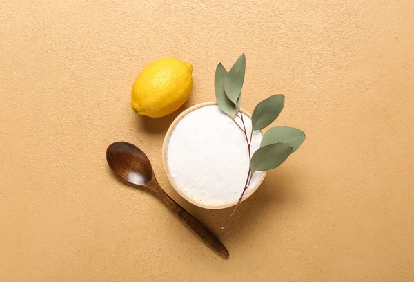 Bowl Baking Soda Spoon Lemon Eucalyptus Branch Color Background — Stock Photo, Image