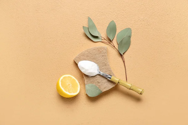 Spoon Baking Soda Cleaning Sponge Lemon Eucalyptus Branch Color Background — Stock Photo, Image