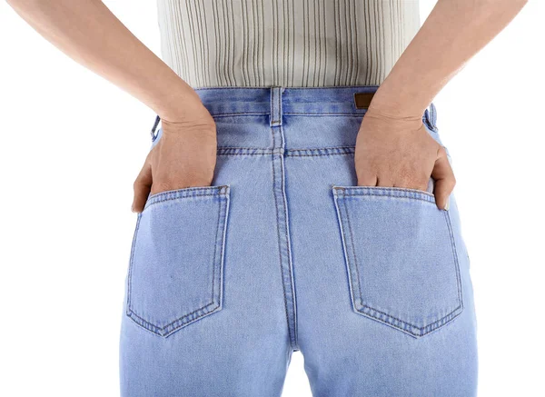 Junge Frau Stylischen Jeans Auf Weißem Hintergrund Rückseite — Stockfoto
