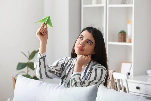 Dreaming Young Woman Paper Plane Home — Stock Photo, Image