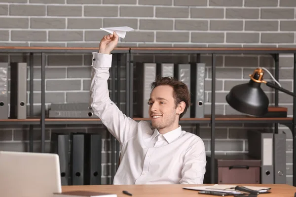 Young Businessman Throwing Paper Plane Office — Stock Photo, Image