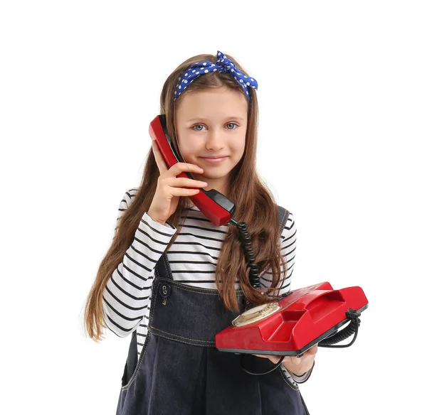 Κοριτσάκι Που Μιλάει Τηλεφωνικά Λευκό Φόντο — Φωτογραφία Αρχείου