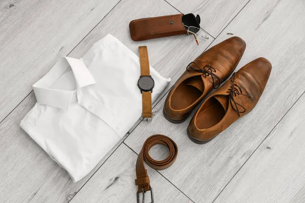 Stylish Male Clothes Accessories White Wooden Background — Stock Photo, Image