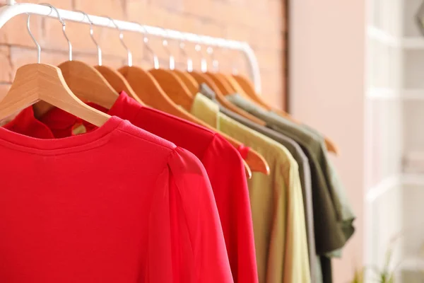 Rack Stylish Female Clothes Modern Boutique Closeup — Stock Photo, Image