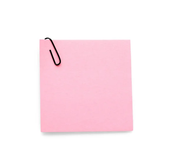 Nota Adesiva Rosa Con Graffetta Sfondo Bianco — Foto Stock