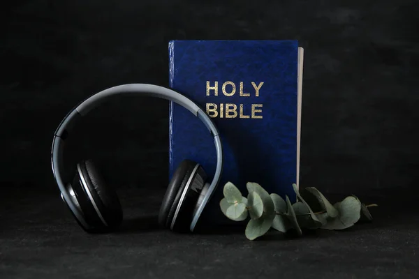 Holy Bible Branch Eucalyptus Earphones Black Background — Stock Photo, Image