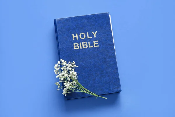 Библия Цветами Синем Фоне — стоковое фото