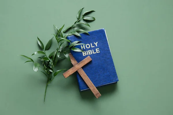 Библия Ветвями Крестом Зеленом Фоне — стоковое фото