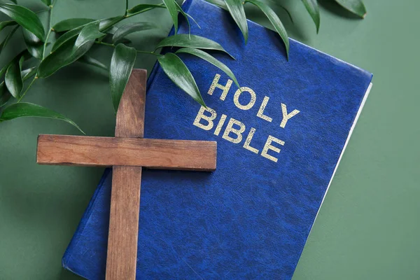 Santa Biblia Con Ramas Cruz Sobre Fondo Verde —  Fotos de Stock