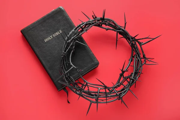Crown Thorns Holy Bible Red Background — Stock Photo, Image