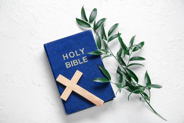 Bíblia Sagrada Com Ramo Eucalipto Cruz Sobre Fundo Texturizado Branco — Fotografia de Stock