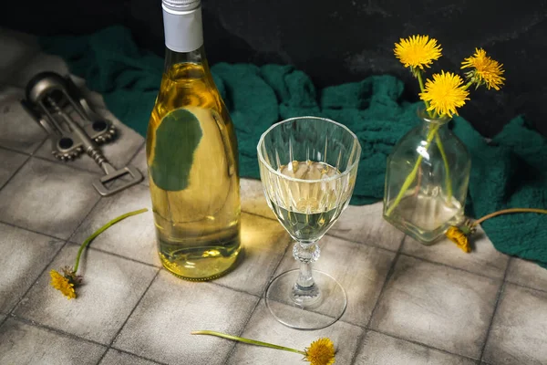 Bottle Glass Dandelion Wine Grey Tile Table — Stock Photo, Image
