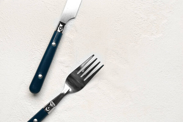 Stainless steel fork and knife with blue handles on white background