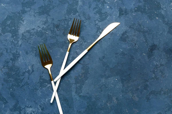 Golden Forks Knife White Handles Blue Background — Stock Photo, Image