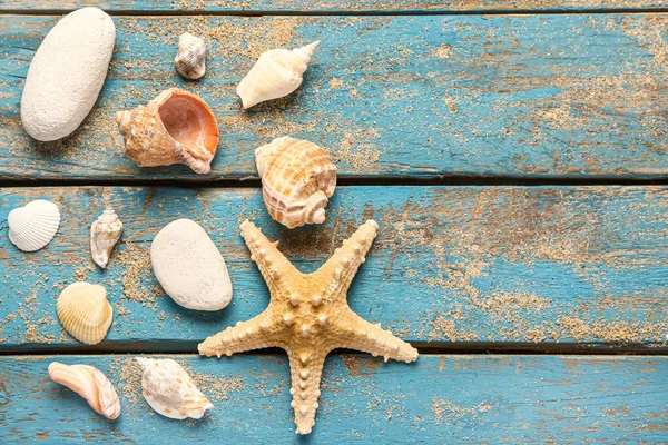Seashells Starfish Blue Wooden Background — Stock Photo, Image
