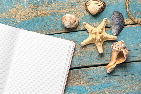 Blank Notebook Seashells Starfish Blue Wooden Background — Stock Photo, Image