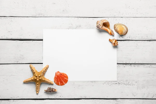 Blank Card Seashells Starfish White Wooden Background — Stock Photo, Image