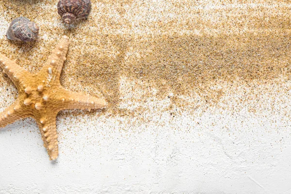 Seashells Starfish Sand White Background — Stock Photo, Image