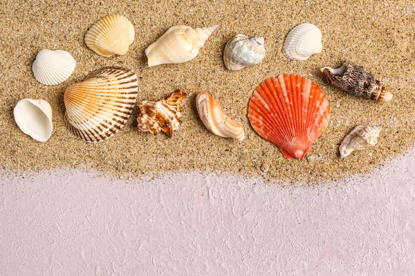 Sand Seashells Lilac Background — Stock Photo, Image
