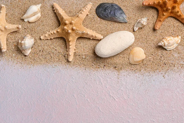 淡紫色背景下的带沙子海贝和海星 — 图库照片