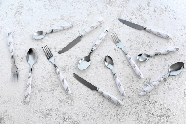 Stainless Steel Cutlery Plastic Handles White Background — Stock Photo, Image