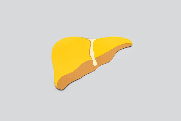 Fígado Papel Amarelo Sobre Fundo Cinza — Fotografia de Stock