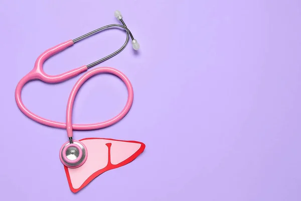Roze Papieren Lever Met Stethoscoop Lila Achtergrond — Stockfoto