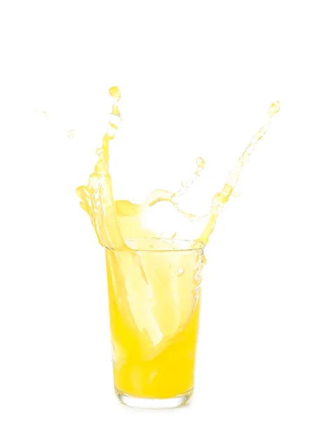 Szklanka Świeżego Soku Pomarańczowego Rozpryskami Białym Tle — Zdjęcie stockowe