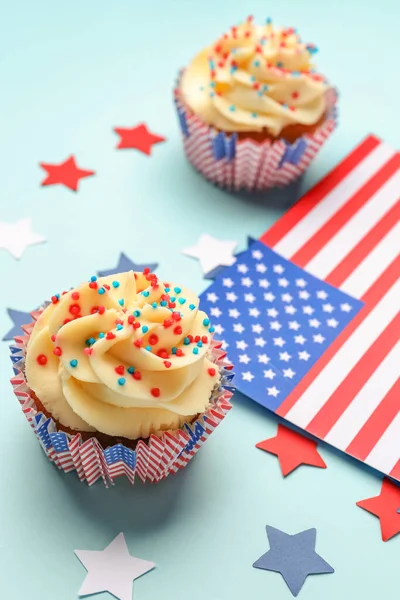 Tasty Patriotic Cupcakes Flag Usa Stars Blue Background American Independence — Stock Photo, Image