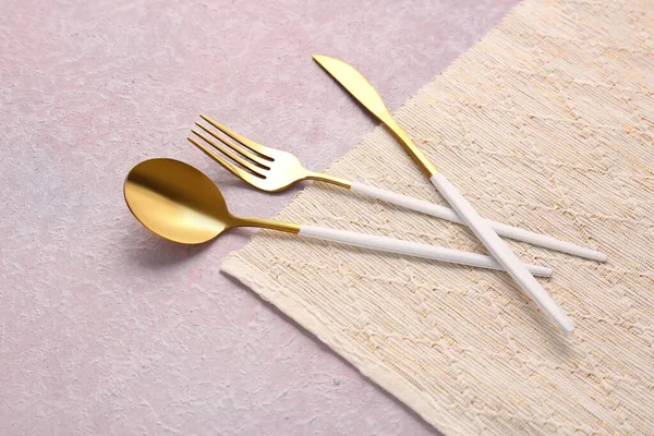 Golden Cutlery White Handles Lilac Background — Stock Photo, Image