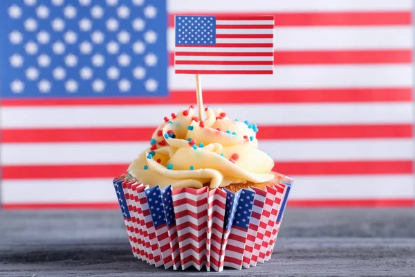 Tasty Patriotic Cupcake Grey Wooden Table Usa Flag — Stock Photo, Image
