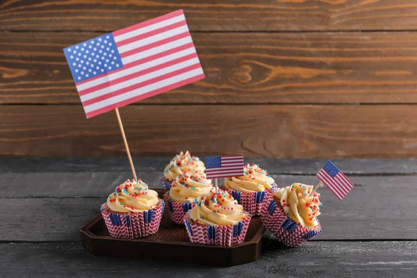 Tray Tasty Patriotic Cupcakes Flags Usa Black Table Brown Wooden — Stock Photo, Image