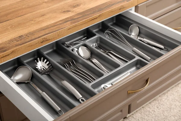 Open Kitchen Drawer Different Silver Cutlery Closeup — Stock Photo, Image