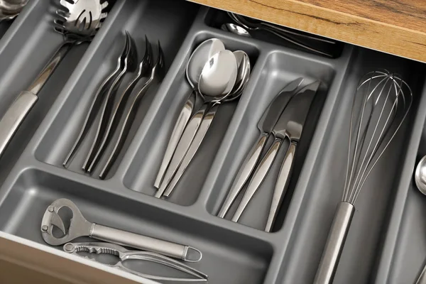 Open Kitchen Drawer Different Silver Cutlery Closeup — Stock Photo, Image