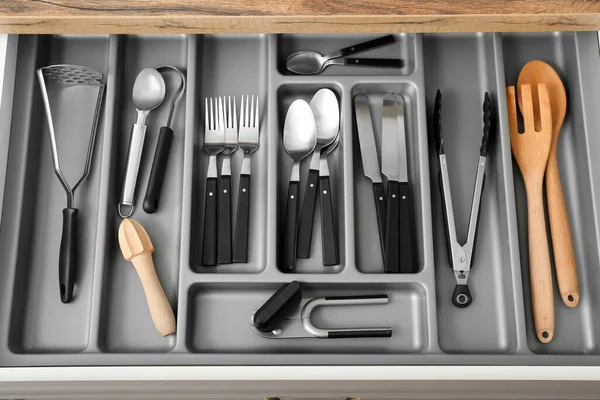 Open Kitchen Drawer Different Silver Cutlery — Stock Photo, Image