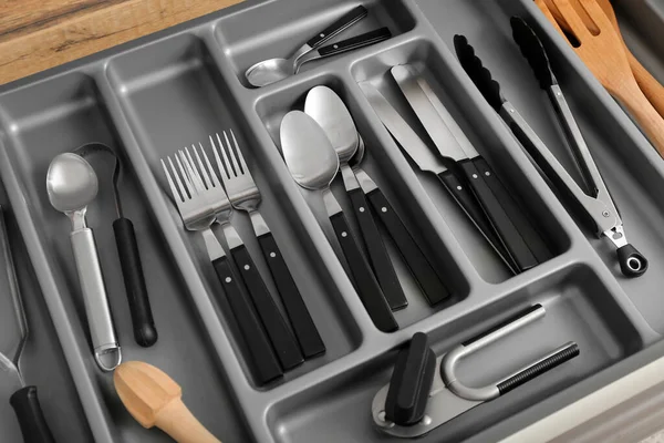 Open Kitchen Drawer Different Silver Cutlery — Stock Photo, Image