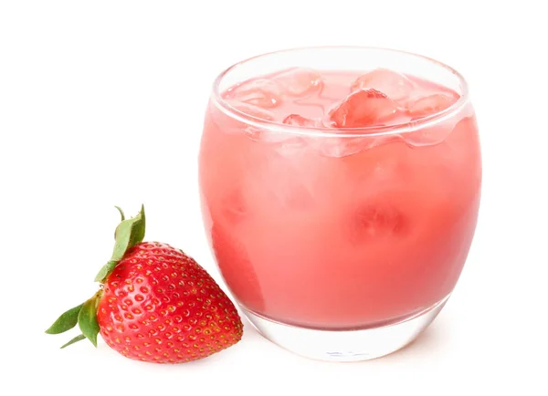 Glass Tasty Strawberry Smoothie Ice Cubes White Background — Stock Photo, Image
