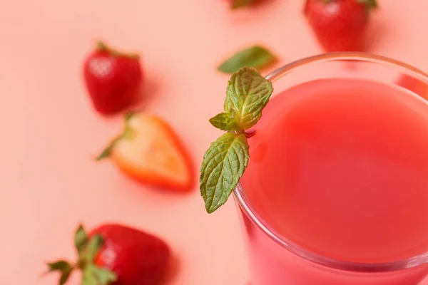 Glass Tasty Strawberry Smoothie Pink Background — Stock Photo, Image