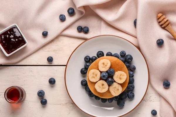 Plate Sweet Pancakes Banana Blueberry Jam Light Wooden Background — Stock Photo, Image