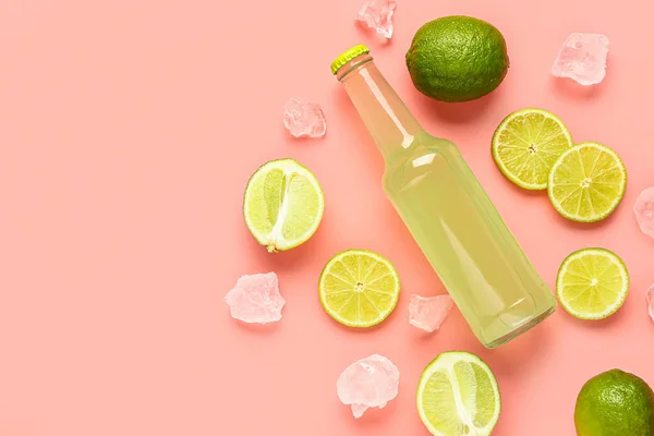 Composition Bottle Fresh Soda Lime Pink Background — Stock Photo, Image