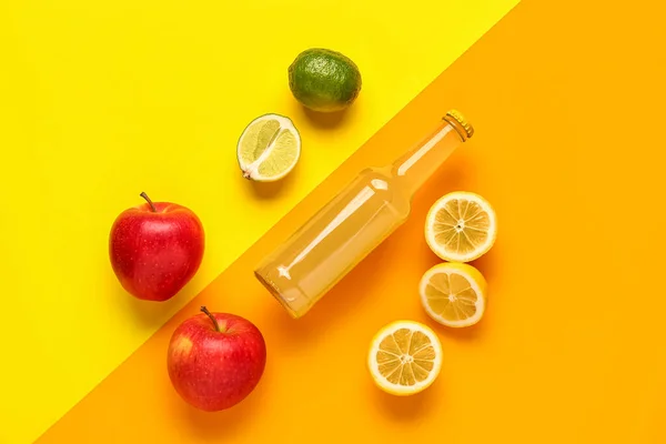 Composition Bottle Tasty Soda Apples Lime Color Background — Stock Photo, Image