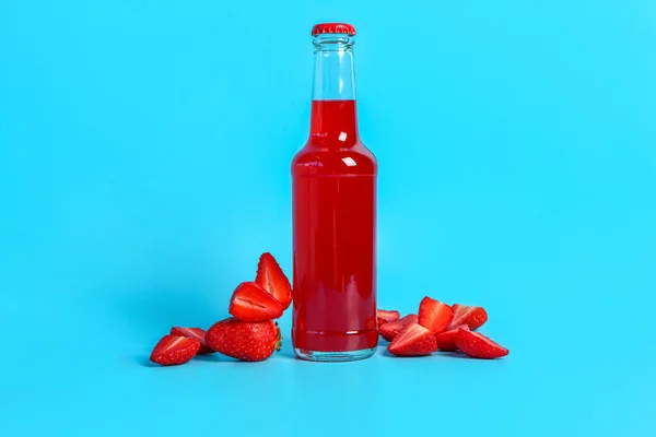 Bottle Fresh Soda Strawberry Blue Background — Stock Photo, Image