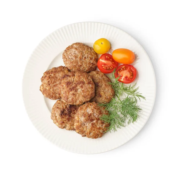 Plate Cutlets Dill Tomatoes White Background — Stock Photo, Image