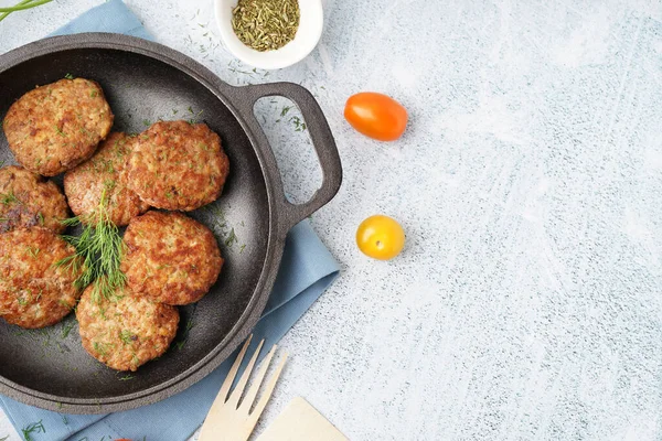 Frying Pan Cutlets Dill Tomatoes Blue Grunge Table Kitchen — Stock Photo, Image
